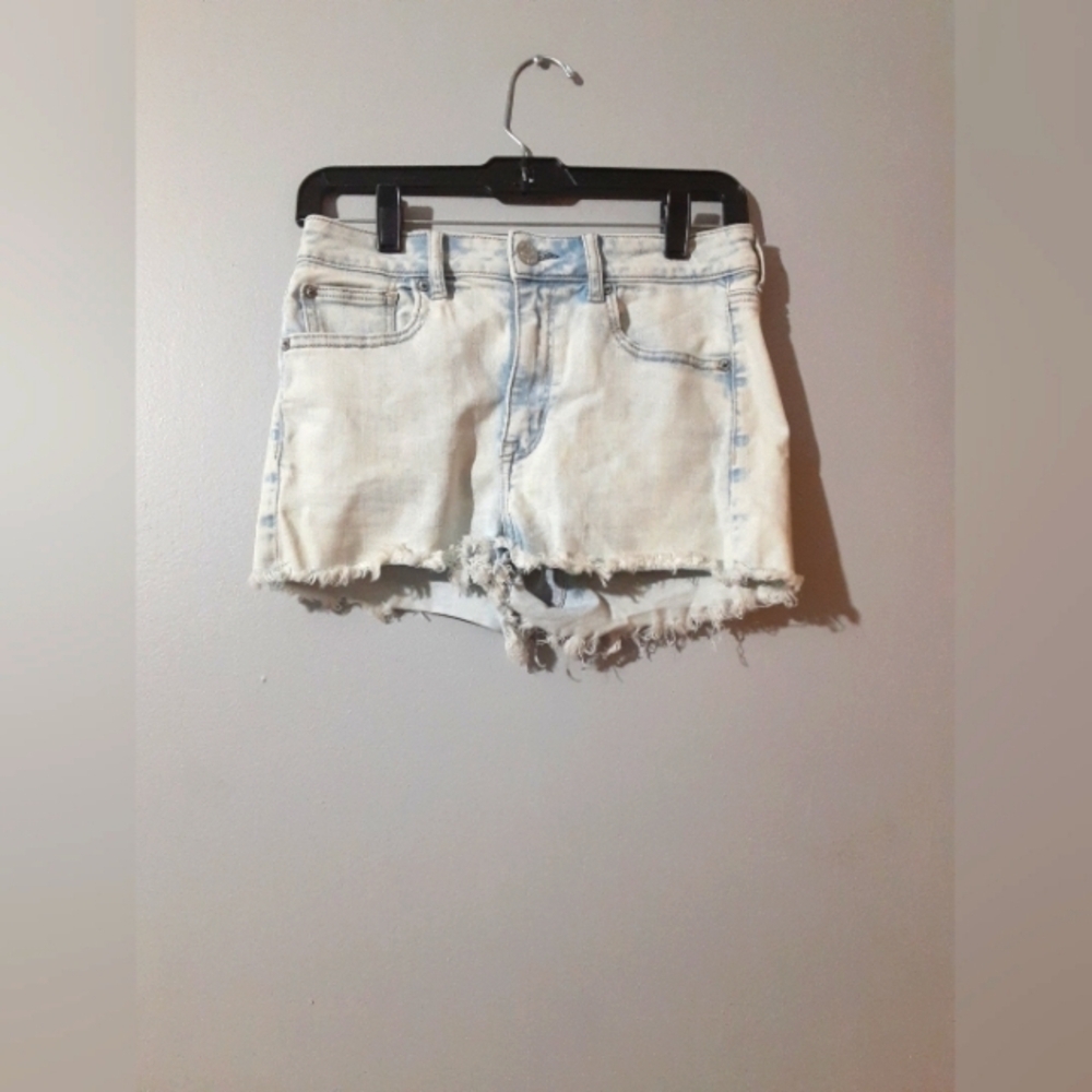 American Eagle Next Level Stretch Shirts Denim Blue Distressed Cut Off Size 4